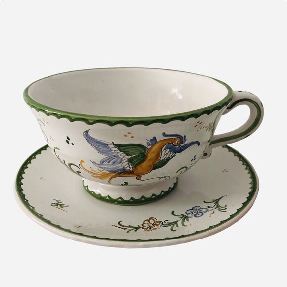 French Pottery Cup and Saucer Hand Painted Birds Signed Atelier du Chateau Set 2 - Picture 12 of 14